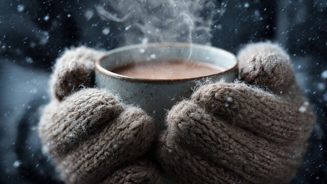 Hands in knitted mittens holding steaming hot drink in snowy winter weather