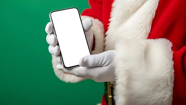 Santa Claus holding smartphone with blank white screen on green background