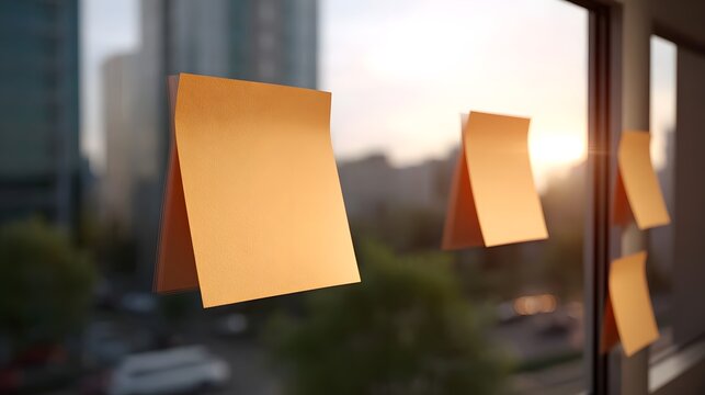 Orange sticky notes attached to a window pane with a blurred city skyline and golden sunset light in the background