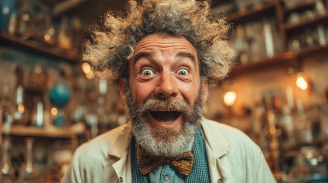 Excited scientist with crazy hair in his laboratory, a portrait of a joyful man