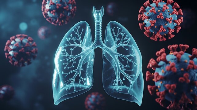 Microscopic View of Lungs and Coronavirus Particles - Powered by Adobe