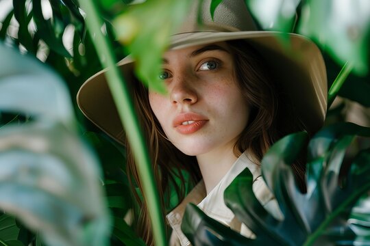 Portrait of a young woman biologist wearing beige hat hidden behind large green leaves in tropical forest