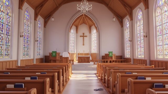 Traditional Church Interior with Stained Glass Windows and Wooden Pews