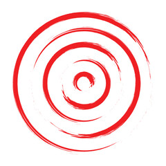 Red grunge concentric spiral target, abstract circular ripple, artistic brushstroke rings vector background illustration on white