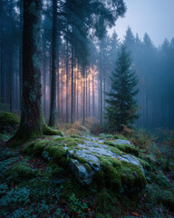 Obraz premium Moss-covered rock pedestal in a misty forest clearing with soft morning light