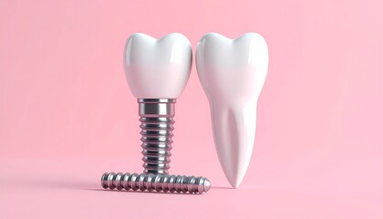 Dental Implant and Tooth Model on Pink Background.