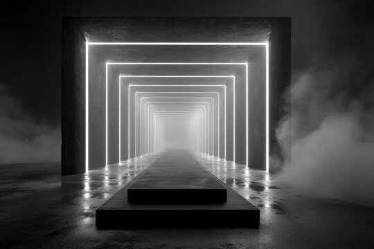 Matte pedestal in dark tunnel with light stripes and drifting smoke on wet floor