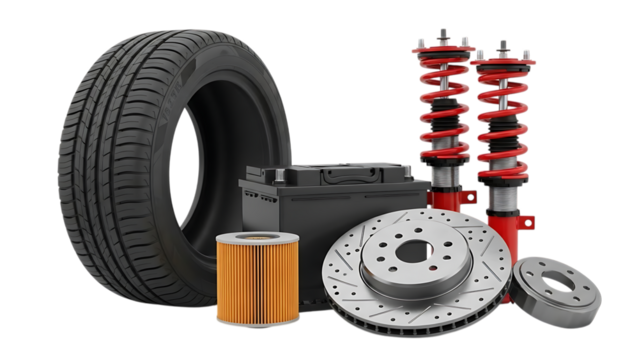 Collection of essential automotive car parts including tire battery brake disc and suspension components