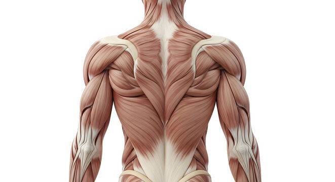 Detailed anatomical illustration of the human muscular system from the back view
