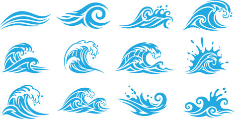 Ocean waves collection. Sea storm wave isolated. Waves, water elements set. Nature wave water storm linear style illustration