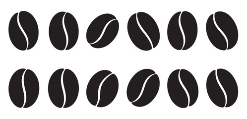 Set of twelve black coffee bean icons arranged in two neat rows in a minimalist graphic style, perfect for cafe menus or beverage branding concepts