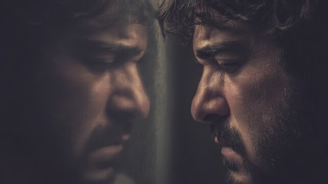 Close up portrait shows a man leaning his forehead against a glass surface reflecting his sad expression