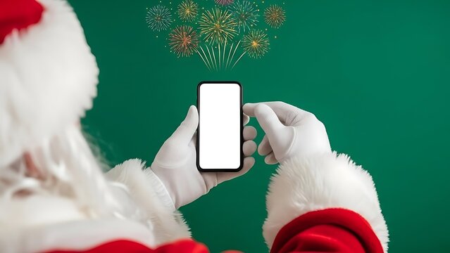 Santa Claus using a smartphone with fireworks background on green screen
