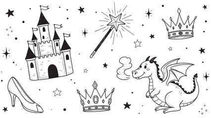 Fototapeta premium Hand-drawn set of fairytale icons including a castle, dragon, crown, and magic wand in a whimsical black and white doodle style for children's stories and designs