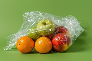 Fresh fruit wrapped in a plastic bag highlighting the environmental impact of single use plastics and food waste