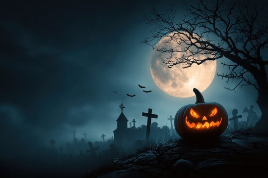 Pumpkin zombie emerges from a graveyard beneath a full moon surrounded by eerie trees and gravestones, creating a chilling Halloween atmosphere - Powered by Adobe
