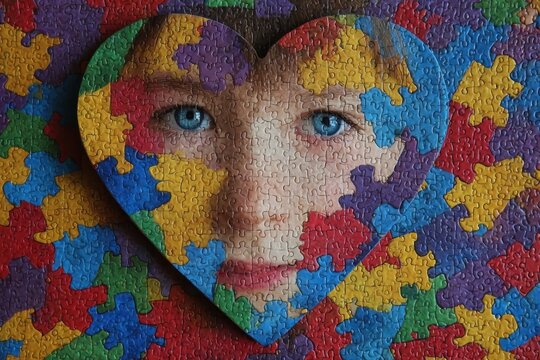 Heart-shaped puzzle displaying a child's face surrounded by colorful autism awareness pieces during World Autism Awareness Day celebration - Powered by Adobe