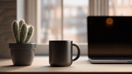 Modern home office desk with cactus plant, coffee mug, and laptop by a sunlit window