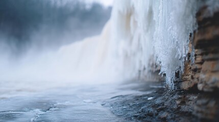 Close-up of a waterfall cascading down a rocky cliff. the water is flowing over the rocks, creating a misty and foggy atmosphere.