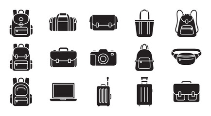 Collection of black glyph icons representing travel bags, luggage, and personal accessories for tourism and business, featuring various styles of backpacks, suitcases, and briefcases