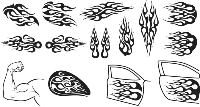 Collection of tribal flame designs in black and white for tattoo art or vector graphics