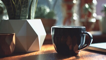 Black Ceramic Mug with Hot Drink on a Sunny Wooden Desk with Houseplants