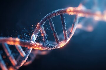 Glowing DNA hologram design on dark blue background representing genetic research and biotechnological advancements in the modern world