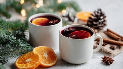 Two white cups filled with mulled wine are artfully arranged with citrus slices and star anise. Fresh pine branches and festive decor enhance the warm, inviting atmosphere of winter festivities