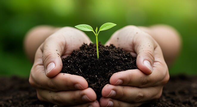A delicate seedling held gently in caring hands symbolizing new life and growth.
