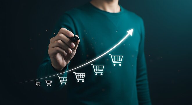 Man drawing a rising graph with shopping carts illustrating growth and commerce.