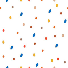 Seamless Christmas pattern in pastel colors, drawn with wax crayons. Wintery and cozy, it features Santa's helpers, elves, musical instruments, and a print made with oil pastels.