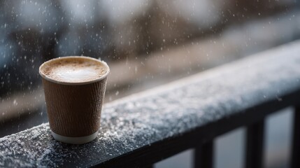 Cup of coffee on a black railing. the cup is made of paper and has a white rim. the coffee is frothy and appears to be freshly brewed. the background is blurred, but it seems to be a snowy day.