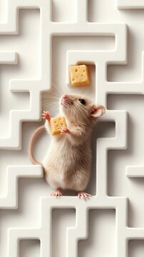 A rat navigating a cheese maze with agility and curiosity, in a playful and detailed setting showcasing its cleverness.