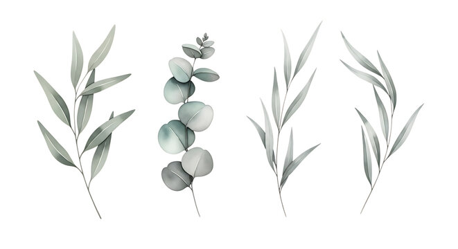 Delicate watercolor illustrations of eucalyptus and willow branches on a stark black background
