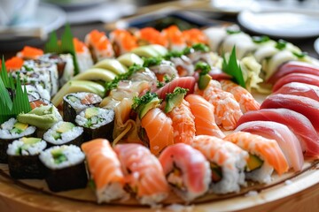 Colorful sushi platter with various types of nigiri, maki, and sashimi, showcasing japanese culinary art