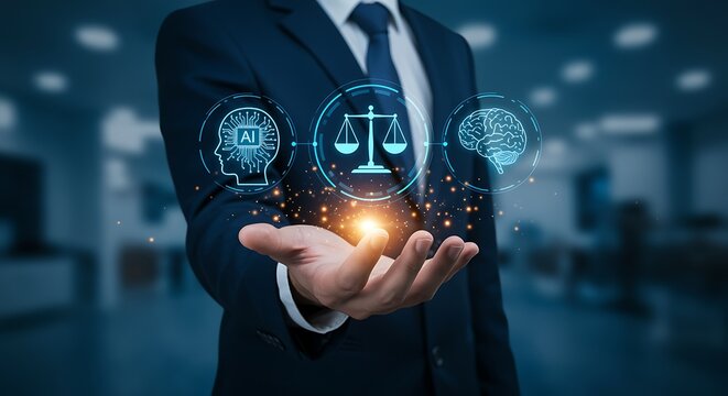 Artificial intelligence and law a businessman presenting digital legal concepts with his hand.