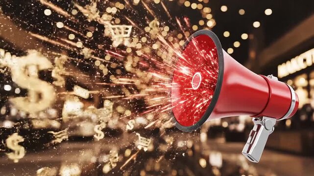Urgent announcement with dynamic red megaphone promotion for exclusive deals, a captivating sale, or important breaking news in retail environments