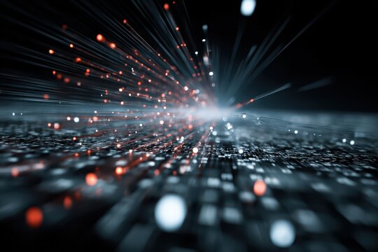 Dynamic explosion of data signals representing innovation in digital technology and software development in a futuristic setting