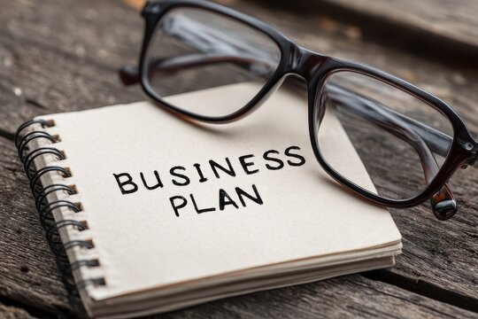 Notepad with business plan concept and glasses on rustic wooden surface in a creative workspace - Powered by Adobe