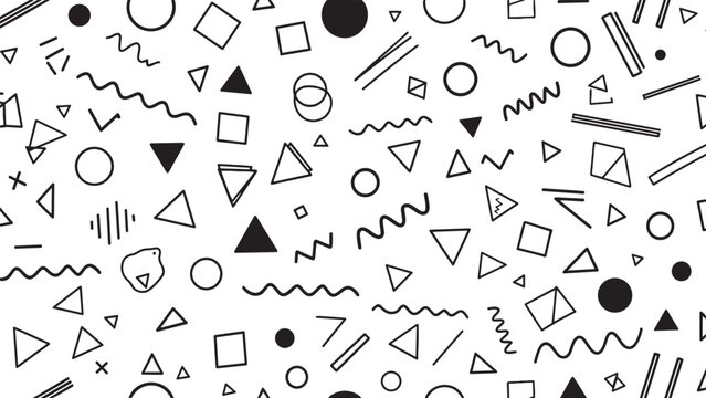 Black and white geometric seamless pattern with chaotic hand-drawn shapes like triangles, circles, and squiggles in a fun, retro Memphis style design creating a dynamic texture