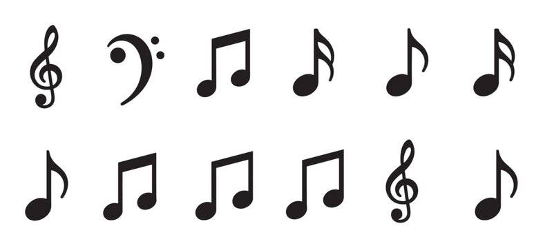 Set of black musical notation icons featuring various notes, a treble clef, and a bass clef presented in a simple, flat graphic style representing melody, rhythm, and sound