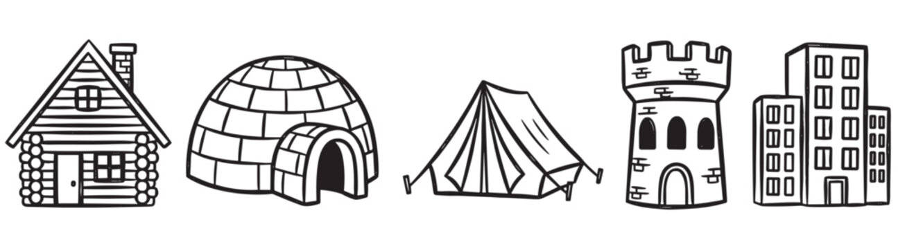 Various types of homes and dwellings illustrated in a simple black outline cartoon style, showing a log cabin, igloo, tent, castle tower, and modern apartment building