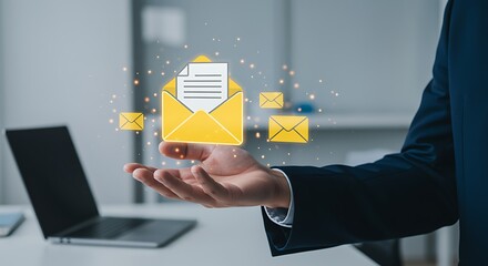 A businessman holding a glowing digital envelope representing modern email communication concepts.
