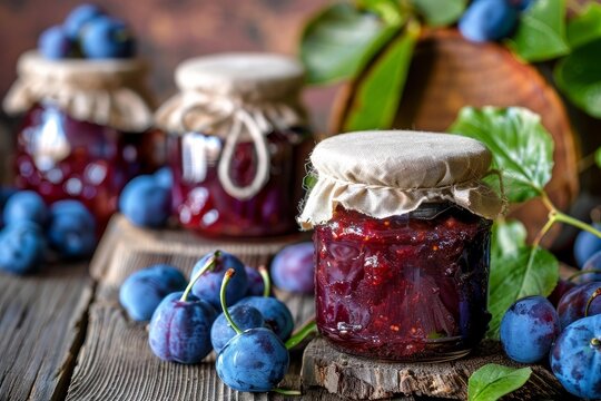Glass jars filled with homemade plum jam, surrounded by fresh plums on a rustic wooden table, create a cozy autumnal scene - Powered by Adobe