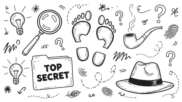 Hand-drawn detective doodle collection featuring a magnifying glass, top secret folder, footprints, and fedora hat in a black and white sketch style for mystery concepts