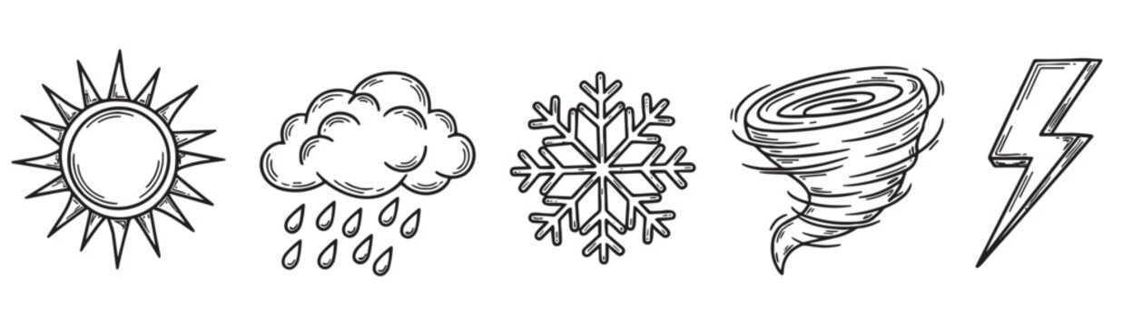 Set of hand-drawn weather icons including a sun, rain cloud, snowflake, tornado, and lightning bolt, all illustrated in a simple black and white sketch doodle style