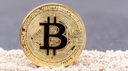 Bitcoin positioned on a pile of soft fluffy material in a digital currency roadmap icon concept for financial security