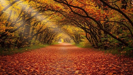 Seasonal color transition of autumn leaves captured in scenic forest pathway with warm atmospheric tones and crisp textures for travel nature commercial photo usage