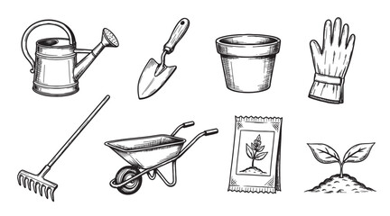 Vintage gardening tools and equipment set drawn in a black and white sketch style, including a watering can, wheelbarrow, rake, trowel, pot, glove, seeds, and sprout