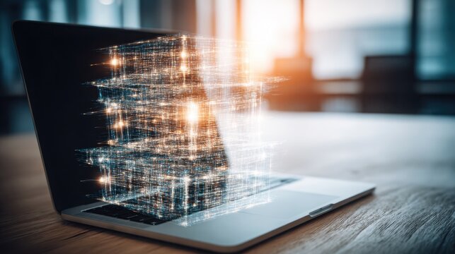Laptop displaying a building made of lights in a digital cash flow forecast icon concept for financial insights